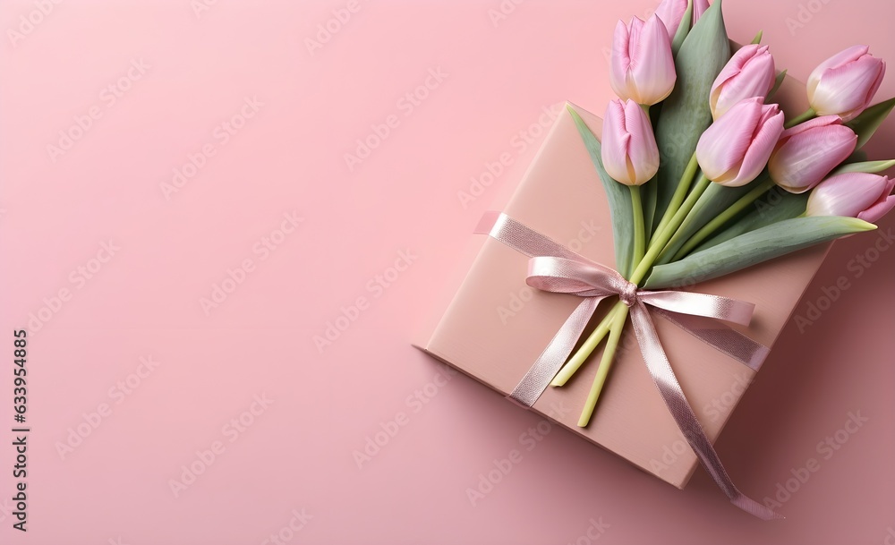 Valentines Day background with pink tulips, pink ribbon and gift box over pink background. Space for text Valentines Day background with pink tulips, pink ribbon and gift box over pink background. Space for text