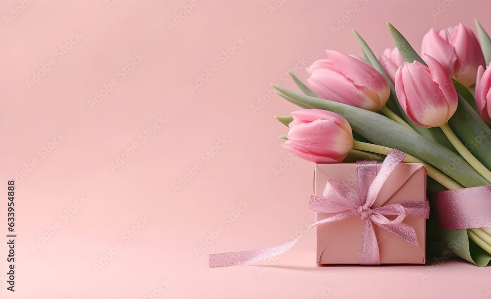 Valentines Day background with pink tulips, pink ribbon and gift box over pink background. Space for text Valentines Day background with pink tulips, pink ribbon and gift box over pink background. Space for text