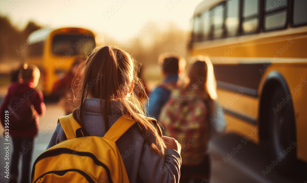 School children wearing backpacks walk towards a school bus to take them to class. Back to school - obrazy, fototapety, plakaty 
