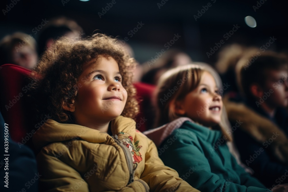 Children watching movies in the cinema. Generative AI. Children watching movies in the cinema. Generative AI.