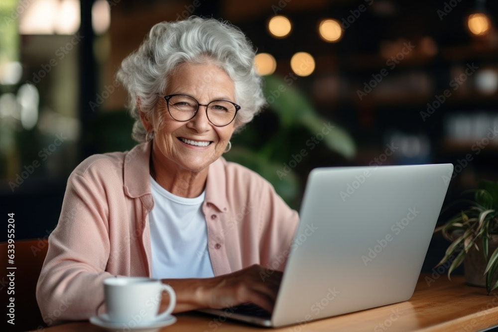 Mature women with computer smiling. Generative AI. Mature women with computer smiling. Generative AI.
