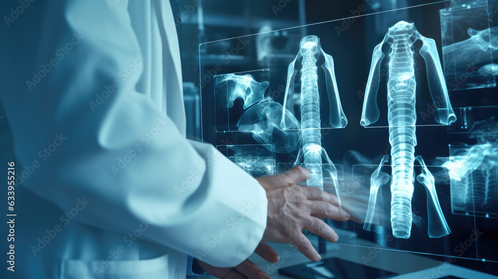 Orthopedic surgeon doctor examining patient's knee joint x-ray films, MRI bone, CT scan in at radiology orthopedic unit, hospital background. knee joint film x ray, Generative Ai Orthopedic surgeon doctor examining patient's knee joint x-ray films, MRI bone, CT scan in at radiology orthopedic unit, hospital background. knee joint film x ray, Generative Ai