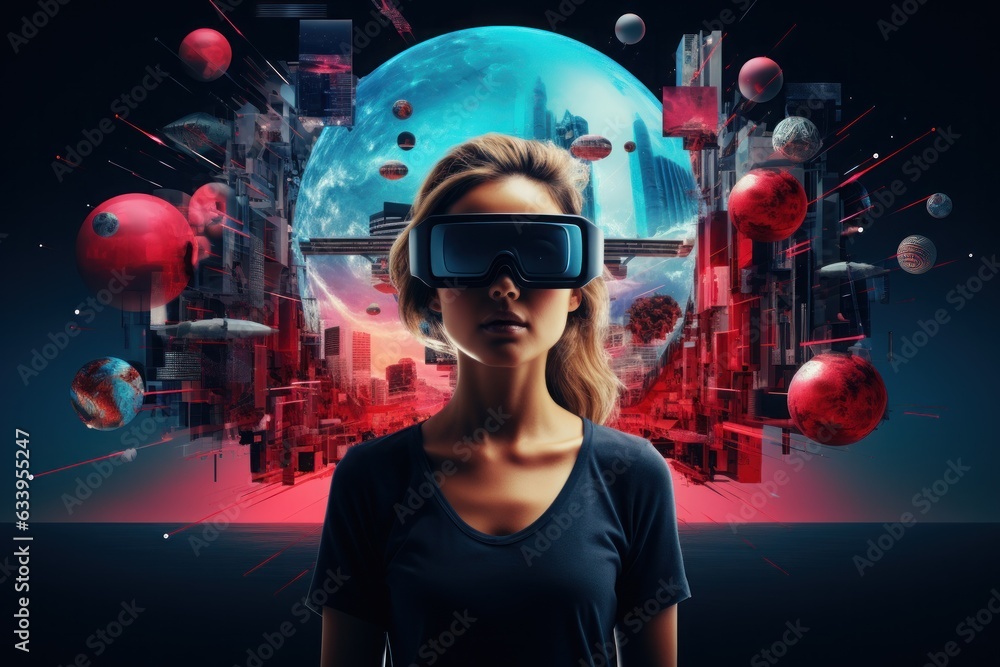 Photo metaverse concept collage design. Generative AI. Photo metaverse concept collage design. Generative AI.
