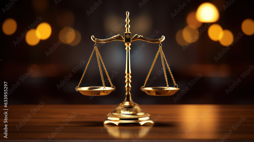 Shiny golden balanced scale on a table as concept justice and fairness Shiny golden balanced scale on a table as concept justice and fairness