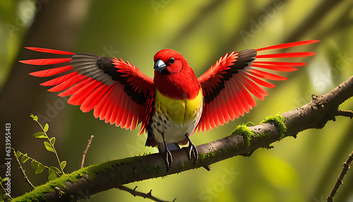 Red bird bright green background Ai Generate  photo