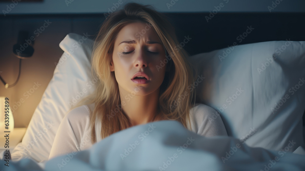 Sleep problem, headache and woman in bed with pillow at home with insomnia and fatigue. Sleep problem, headache and woman in bed with pillow at home with insomnia and fatigue.