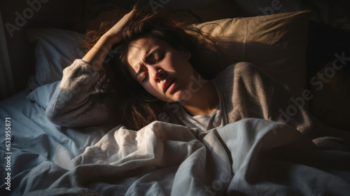 Sleep problem, headache and woman in bed with pillow at home with insomnia and fatigue. 