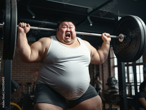 Plump man determined weight training in the fitness club. Asian man plus size holding heavy weight barbell in gym. Exercise weight loose concept.