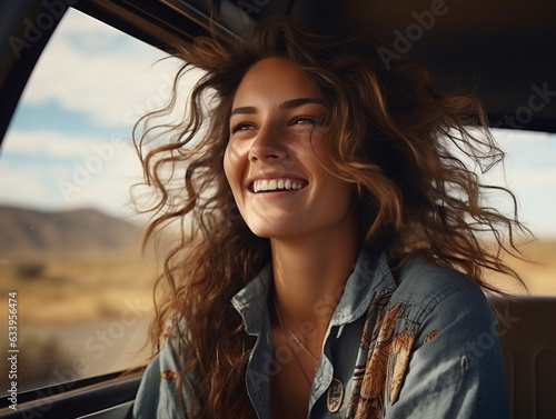 Happy smiling young woman traveler on the back seat of a car in road trip.