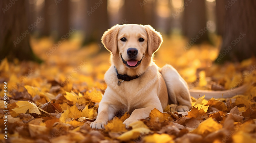 Cute golden retriever laying in autumn leaves 