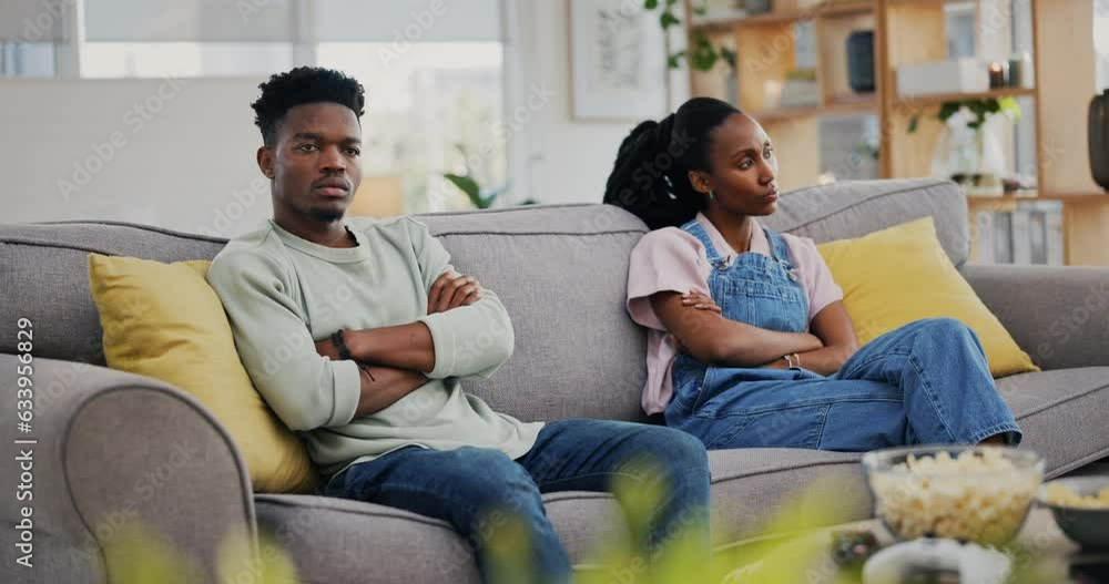Black couple, ignore and sad, divorce or conflict, stress in marriage crisis or depression at home with arms crossed. African man, woman and fight, problem or angry in mistake, frustrated or thinking Black couple, ignore and sad, divorce or conflict, stress in marriage crisis or depression at home with arms crossed. African man, woman and fight, problem or angry in mistake, frustrated or thinking