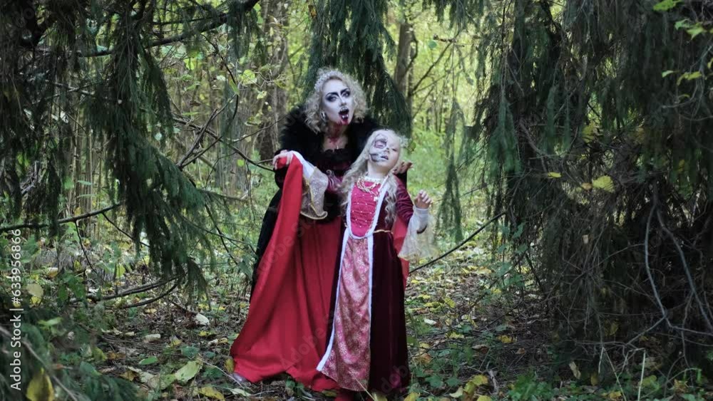A woman in the form of a vampire or a sorceress poses in the forest with a girl in fairy-tale makeup and medieval dress. Look for Halloween. Horizontal video A woman in the form of a vampire or a sorceress poses in the forest with a girl in fairy-tale makeup and medieval dress. Look for Halloween. Horizontal video