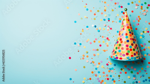 Birthday hat with confetti on paper background