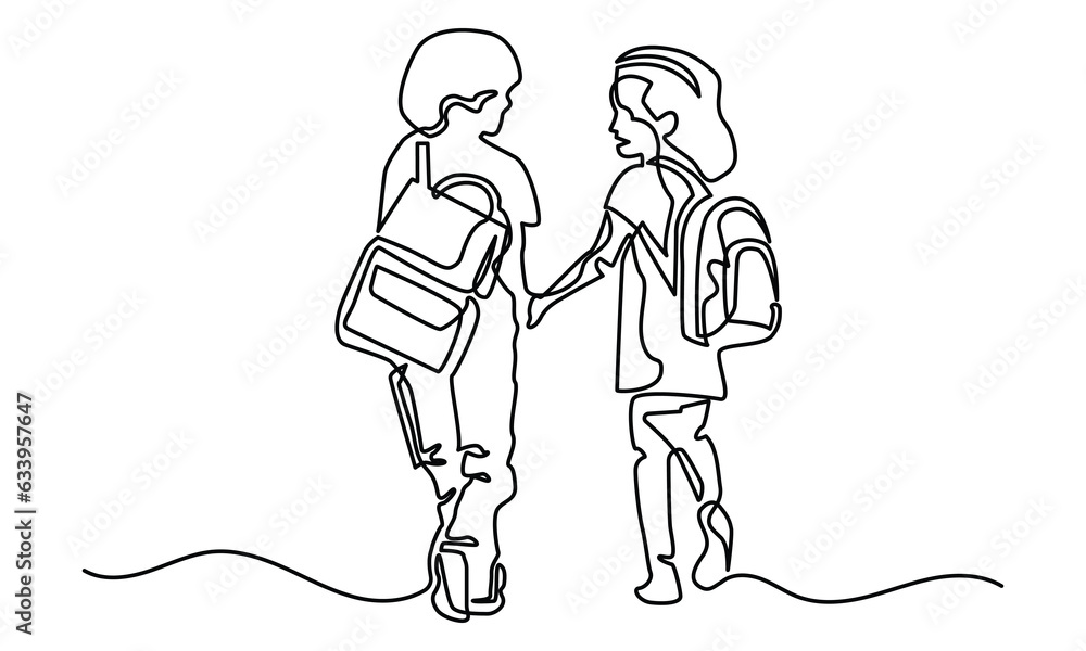continuous line drawing, young girl and boy going to School with backpacks. They are happy and hand holding concept for back to school. black and white background.
