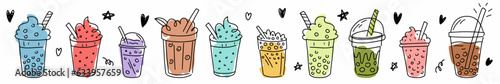 Vector collection of bubble tea hand-drawn in doodle style