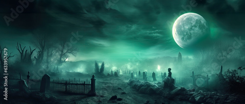 Halloween cemetery at full moon and green light