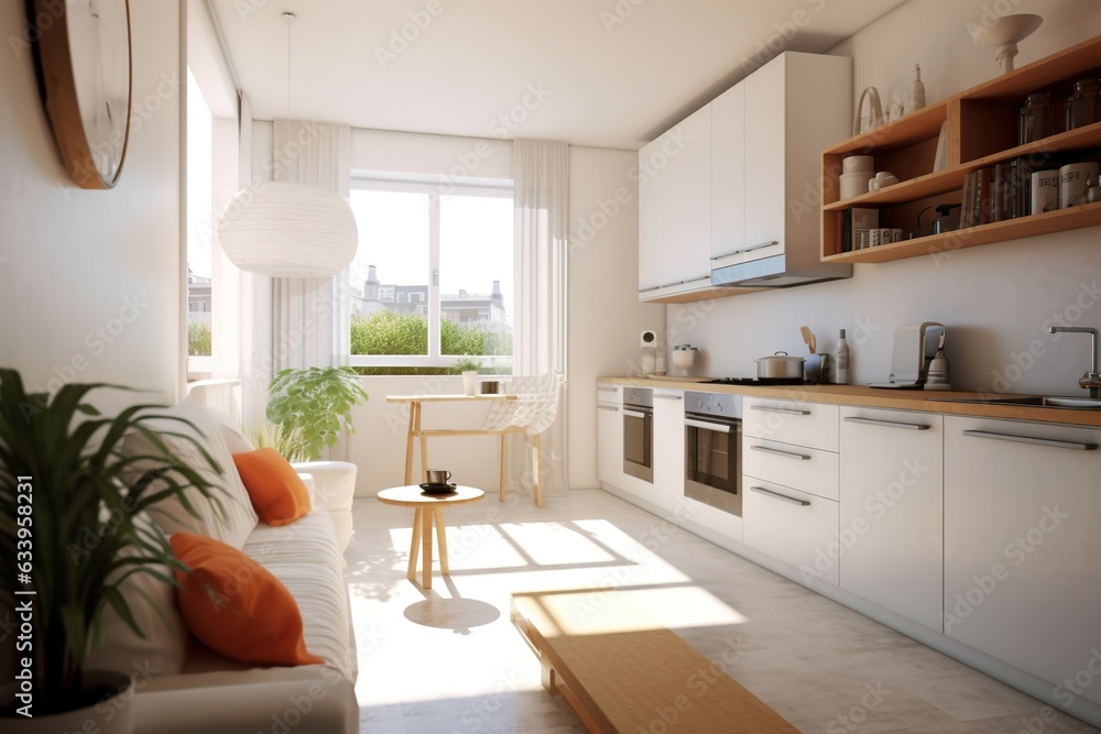 Fototapeta premium The kitchen is furnished with a sofa and wooden table with potted plants and modern furnishings providing a relaxed, natural atmosphere with soft sunlight on the windows.