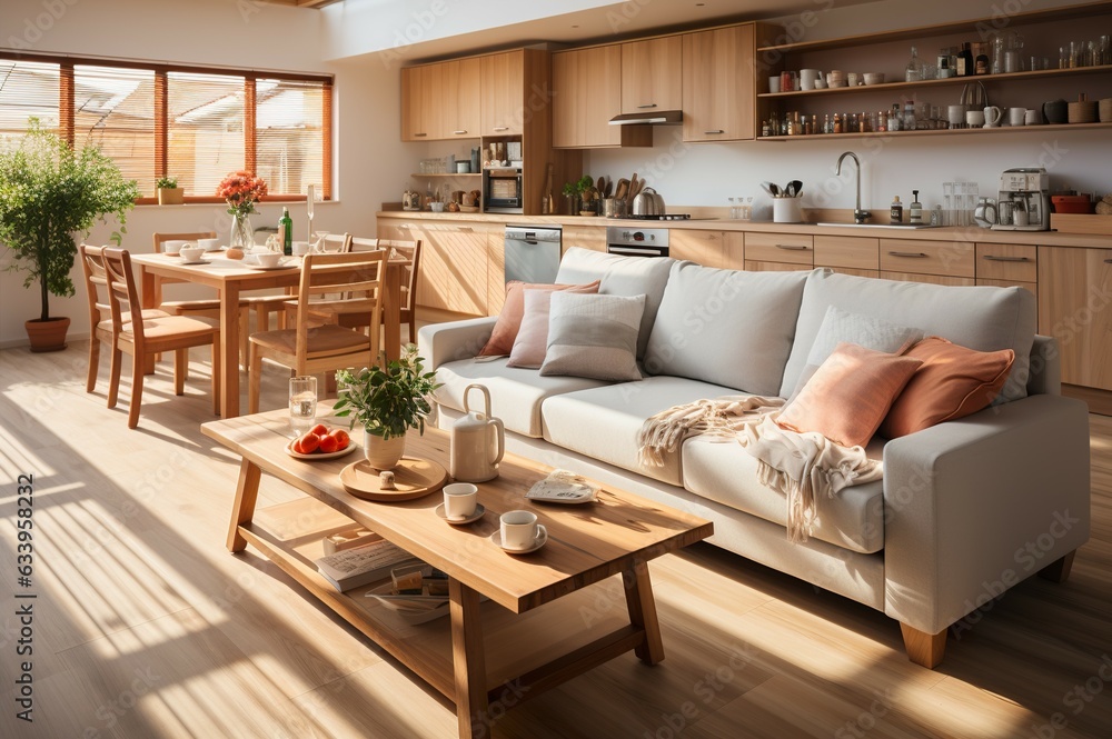 The kitchen is furnished with a sofa and wooden table with potted plants and modern furnishings providing a relaxed, natural atmosphere with soft sunlight on the windows.