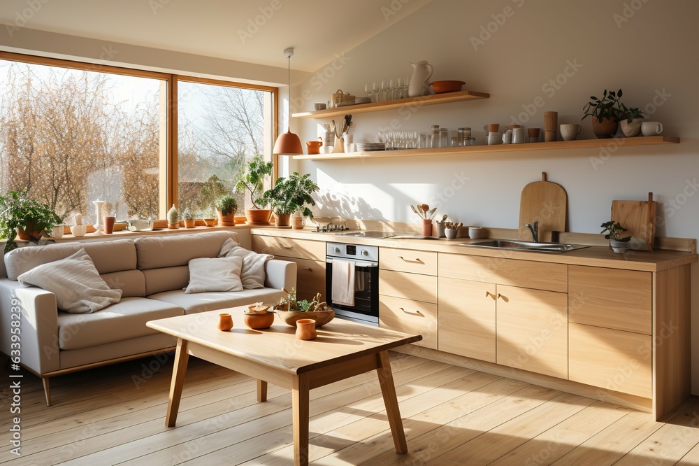 The kitchen is furnished with a sofa and wooden table with potted plants and modern furnishings providing a relaxed, natural atmosphere with soft sunlight on the windows.