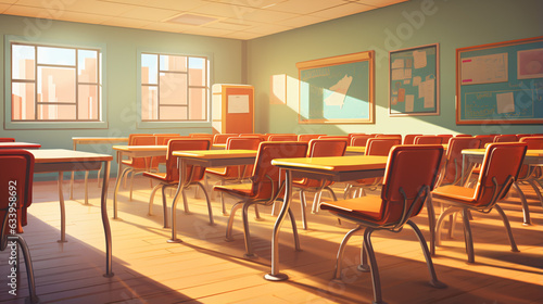 Classroom interior with school desks chair for teach