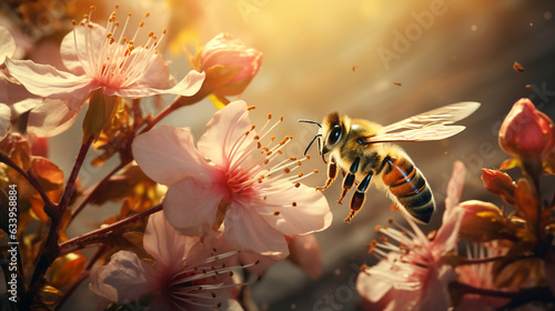 Golden Harvest: A close-up shot of honeybees in action, collecting nectar from vibrant flowers, showcasing the delicate dance of pollination  © Наталья Евтехова
