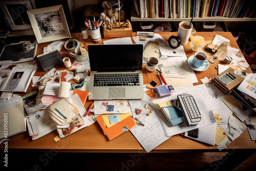 Very Busy and Messy Office Desk With Papers and stationary