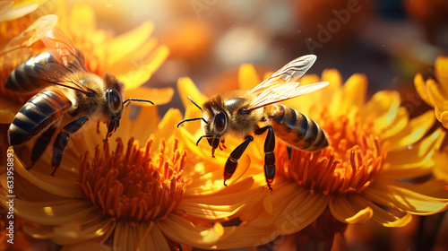 Golden Harvest: A close-up shot of honeybees in action, collecting nectar from vibrant flowers, showcasing the delicate dance of pollination  photo