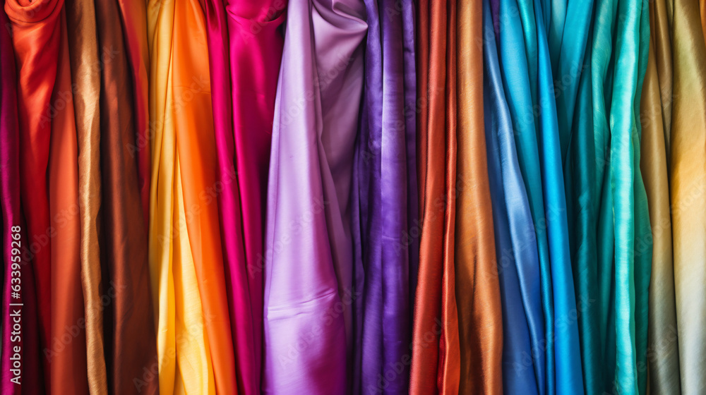 Collection of bright colorful silk different textile