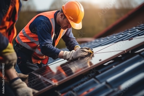 Solar panels installation. Construction worker with safety hardhat working on roof 