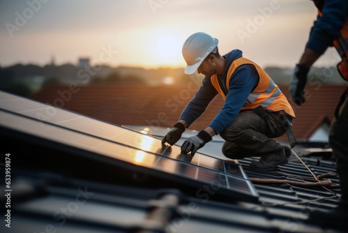 Solar panels installation. Construction worker with safety hardhat working on roof 