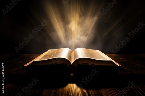 Old holy bible on dark toned foggy background with light rays