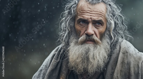 portrait of Noah with long gray hair and beard in the rain