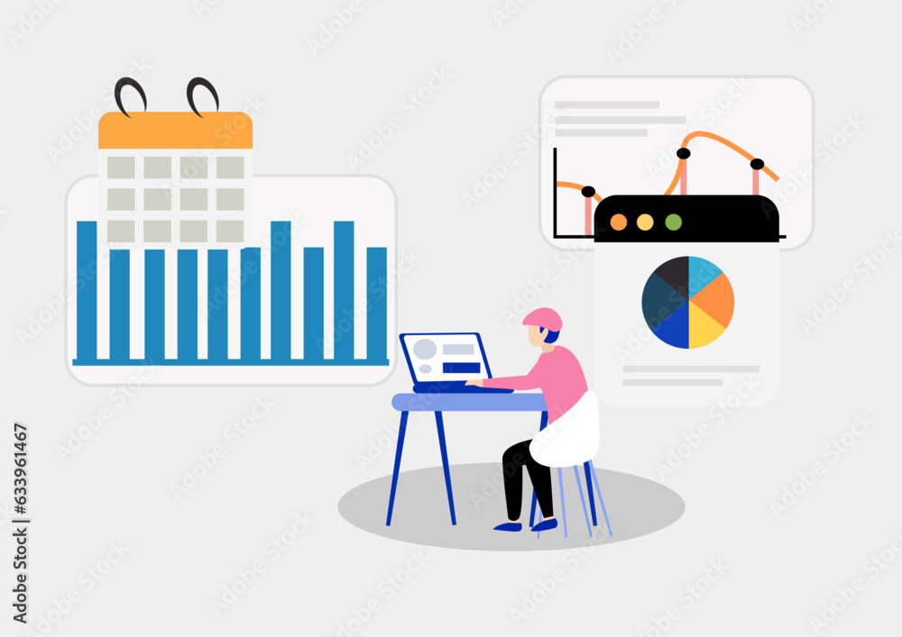 Flat illustration of financial analysts working on laptop for company financial growth with background of graph chart, schedule, and dollar icon.
Flat illustration of financial analysts working on laptop for company financial growth with background of graph chart, schedule, and dollar icon.