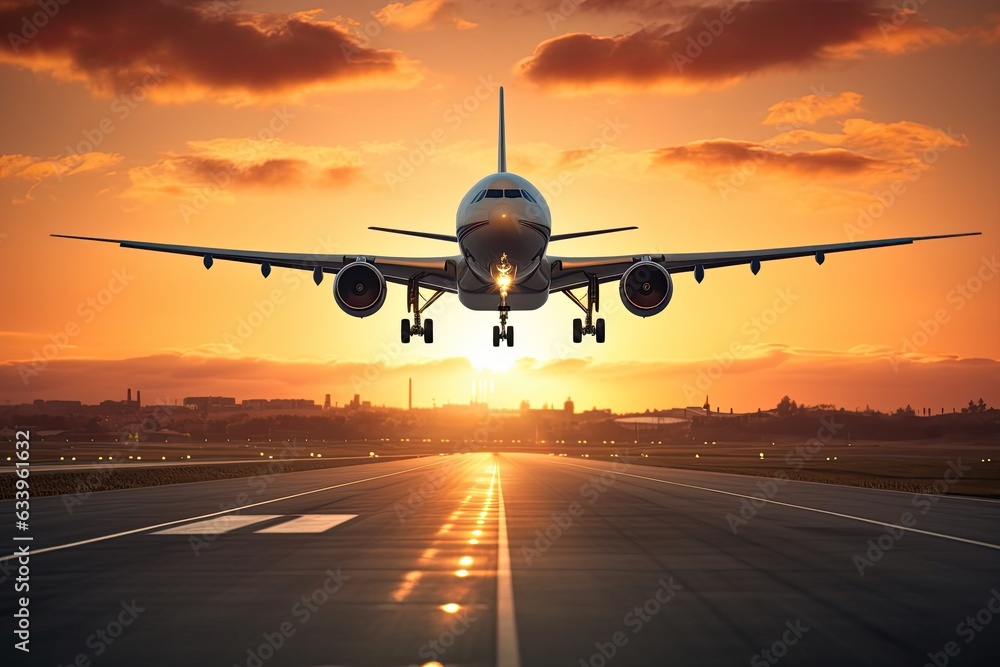 Airplane taking off at the airport at sunset. 3d rendering, A large jetliner taking landing an airport runway at sunset or dawn with the landing gear down, AI Generated - obrazy, fototapety, plakaty 