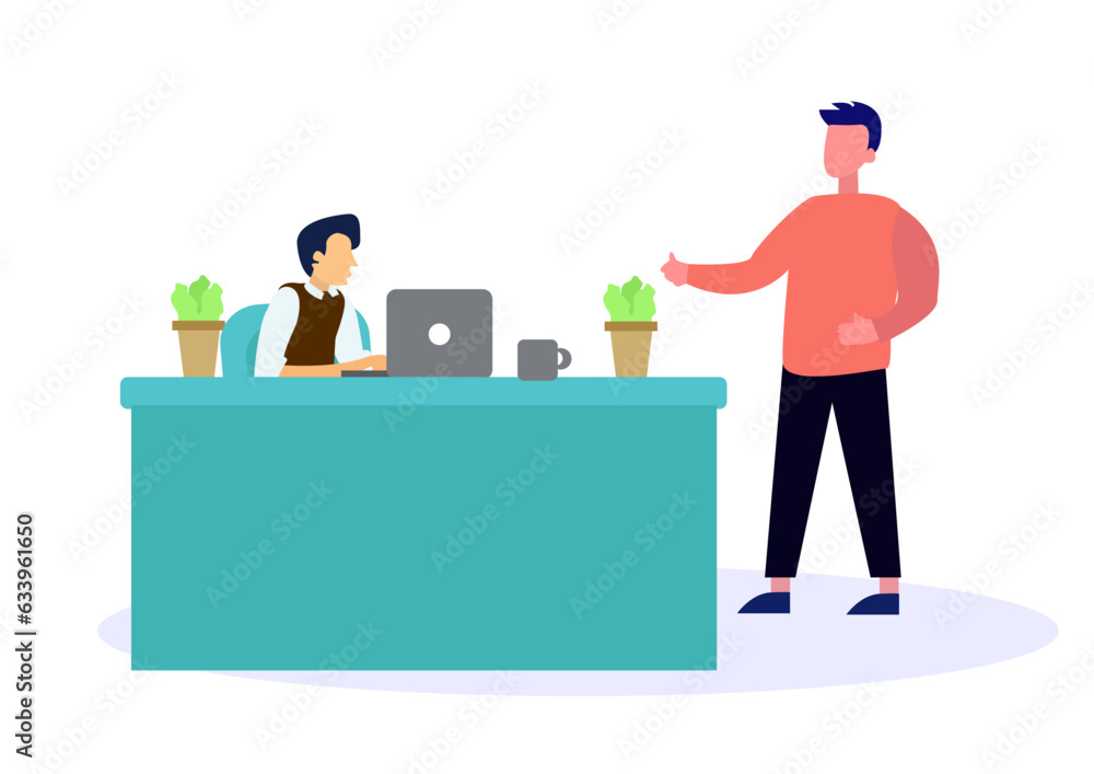 Flat illustration of office colleagues on reception desk and discussing about sales figure.
