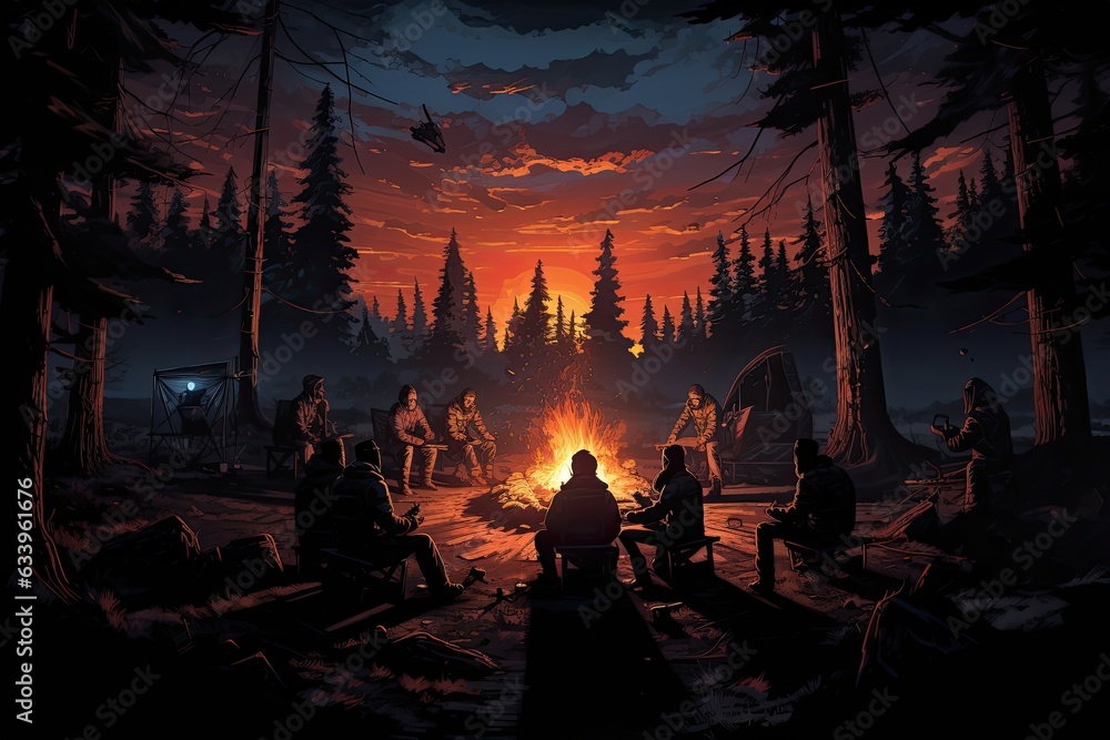 Illustration of a campfire in the forest with people on it, A haunting and imaginative scene depicting a spooky, AI Generated - obrazy, fototapety, plakaty 