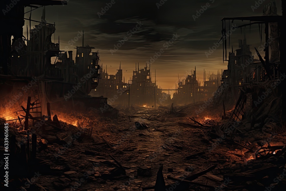 Ruins of a city destroyed by fire. 3D rendering. A haunting image of a once vibrant cityscape transformed into a nightmarish, decaying hellscape, AI Generated
