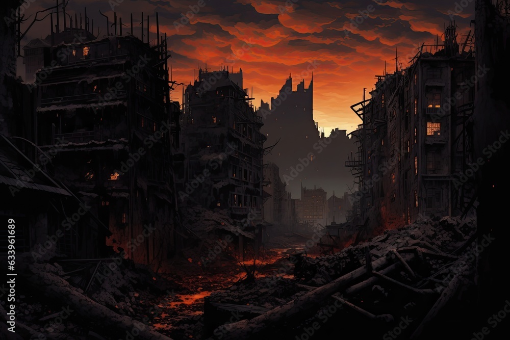 Ruins of a city at sunset. 3d rendering. Computer digital drawing. A haunting image of a once vibrant cityscape transformed into a nightmarish, decaying hellscape, AI Generated