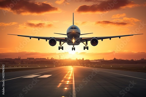 Airplane taking off at the airport at sunset. 3d rendering, A large jetliner taking landing an airport runway at sunset or dawn with the landing gear down, AI Generated photo