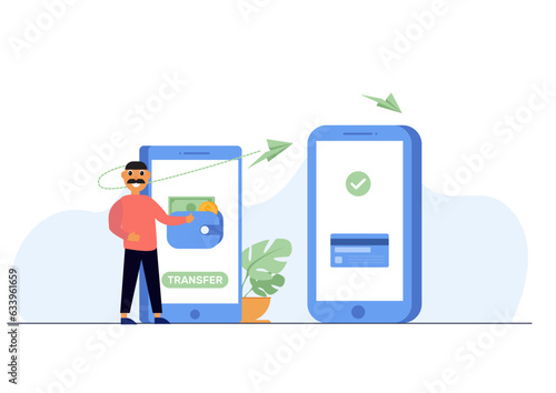 Flat illustration of man transferring money online. Internet banking/ phone payment/ digital payment concept.
