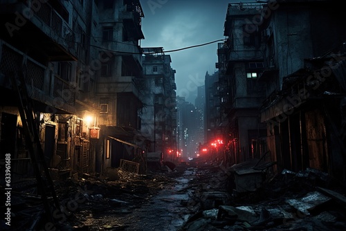 Ruins of a building in the city at night  China. A haunting image of a once vibrant cityscape transformed into a nightmarish  decaying hellscape  AI Generated