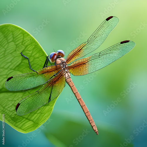 Close-up photo of a dragonfly on a green leaf © hashan