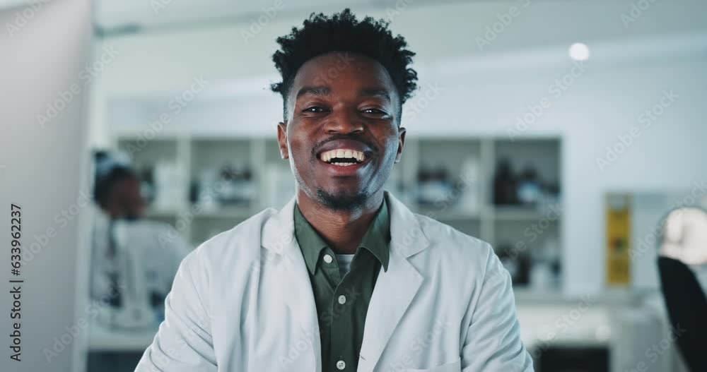 Happy, face and black man scientist in laboratory proud of medicine, research or healthcare help. Medical, portrait and science expert in lab smile for cancer, breakthrough or solution development Happy, face and black man scientist in laboratory proud of medicine, research or healthcare help. Medical, portrait and science expert in lab smile for cancer, breakthrough or solution development