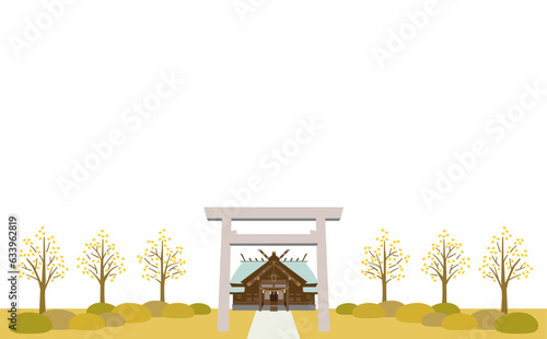 神社と銀杏並木のイラスト　石鳥居　横長