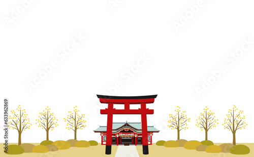 神社と銀杏並木のイラスト　赤い鳥居　横長