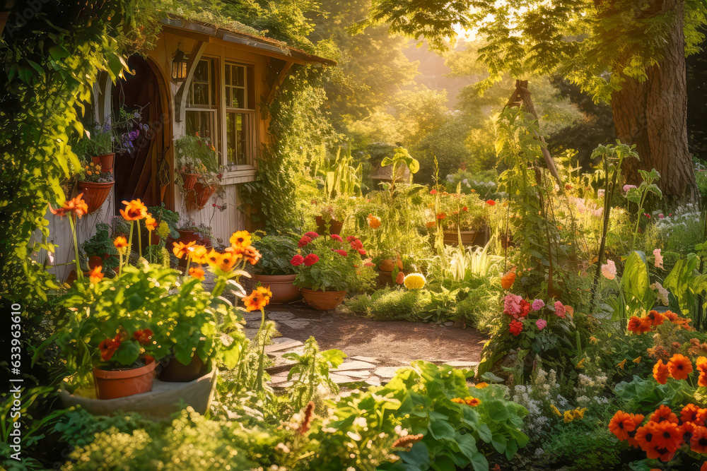 cottage nestled amidst a bountiful garden. Generative AI - obrazy, fototapety, plakaty 