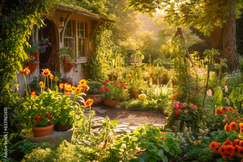 Foto cottage nestled amidst a bountiful garden. Generative AI