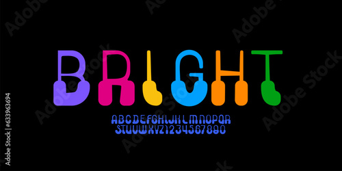 Hand drawn playful bright font, alphabet in the kids style, fun rounded multi-colored letters and numbers in doodle style, vector illustration 10EPS