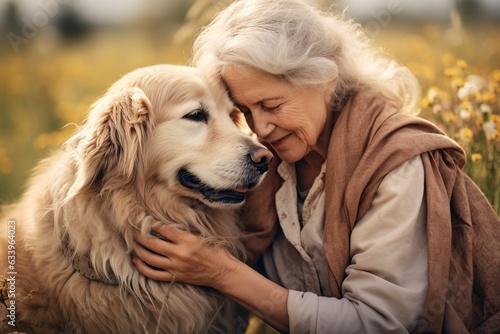 grandmother hugging a beautiful dog outdoors
