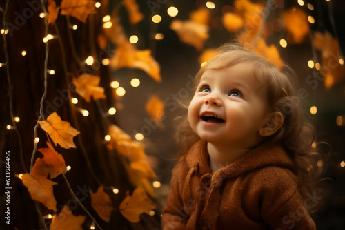 Cute happy baby girl in fashionable autumn clothes looks at the yellowed falling autumn leaves and bright light bulbs. Fictional person. AI generation. 